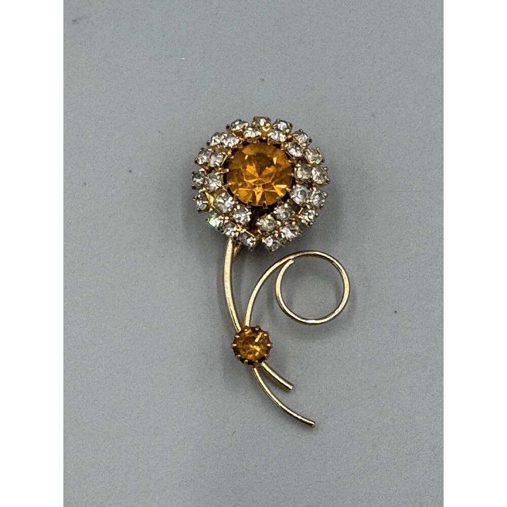 Gorgeous Light Brown Clear & Gold Colored Rhinestone Floral Flower Brooch Pin